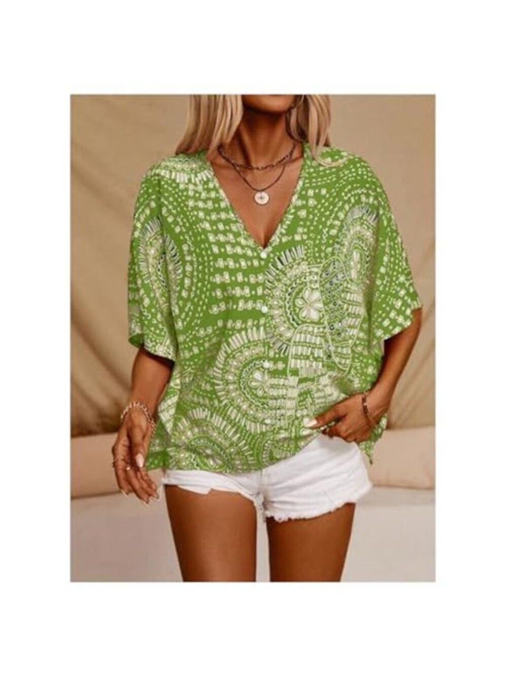 Women’s Green Boho V-Neck 3/4 Sleeve Blouse Vintage 70s Summer Top